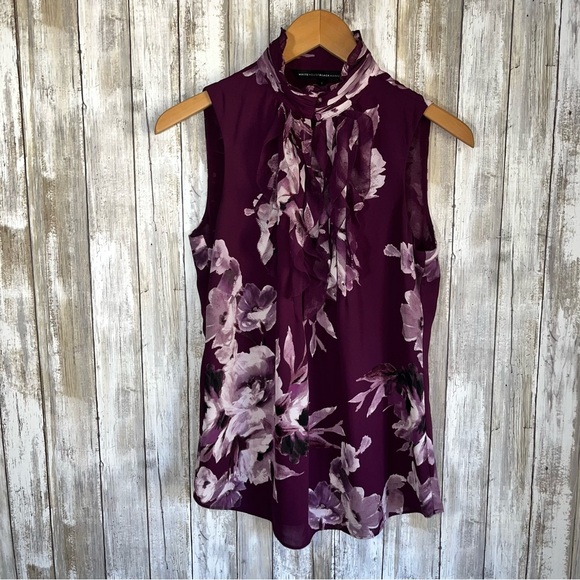 White House Black Market Purple Floral Ruffle Sleeveless Top Women’s 4 - Picture 2 of 5